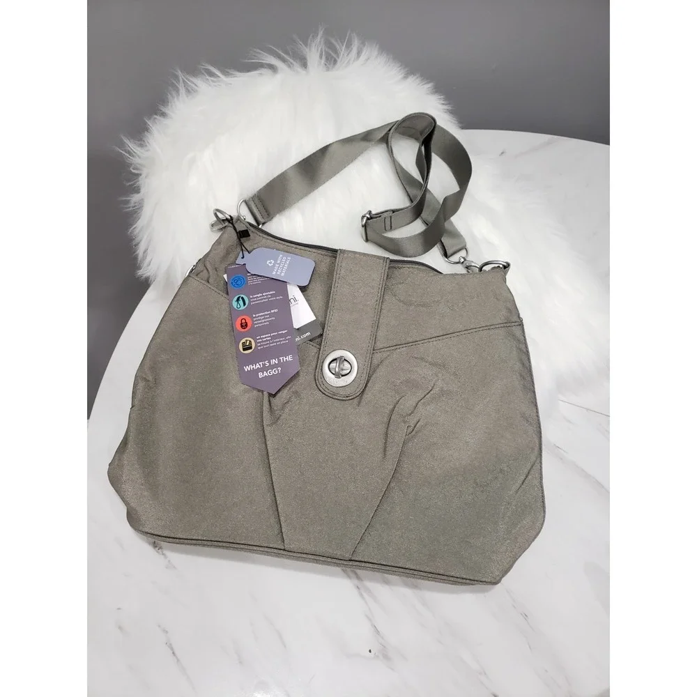 NEW Baggallini Womens Helsinki Crossbody Hobo Light Grey Purse Bag 15
